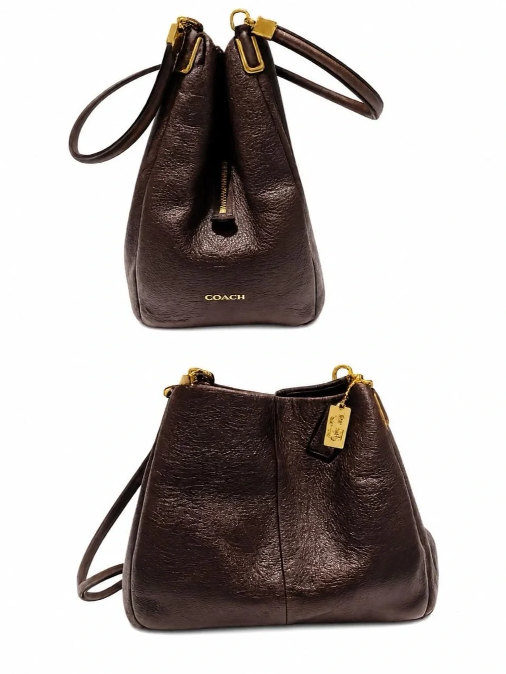 Coach Dark Brown Pebble Leather Drawstring Shoulder Bag with Gold Hardware